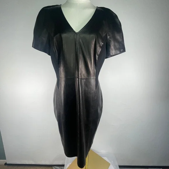 Antonio Melani leather v-neck stretchy black dress, sz 12 sleek, nylon sides - Picture 11 of 11